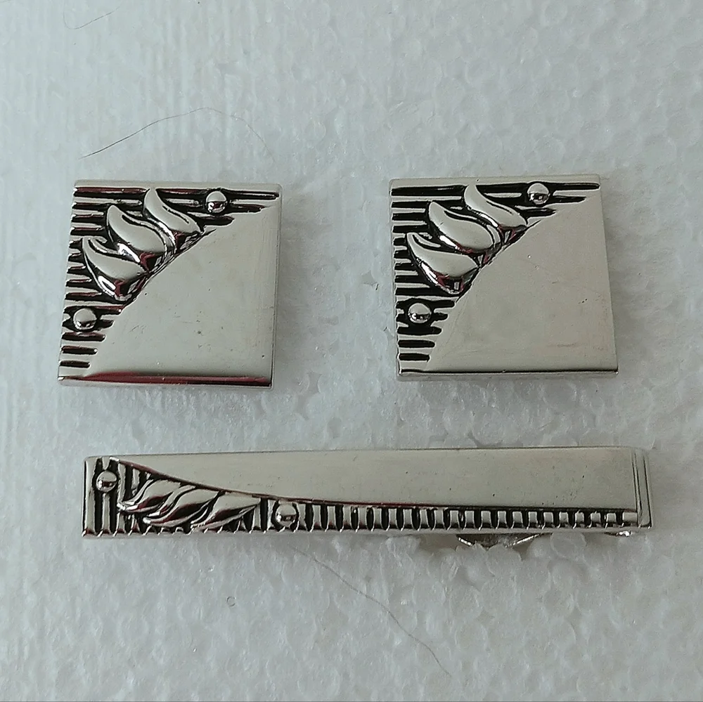 Silver Cufflinks and Tie Clip Set Vintage SWANK Sculpted Graphic Mid-Century
